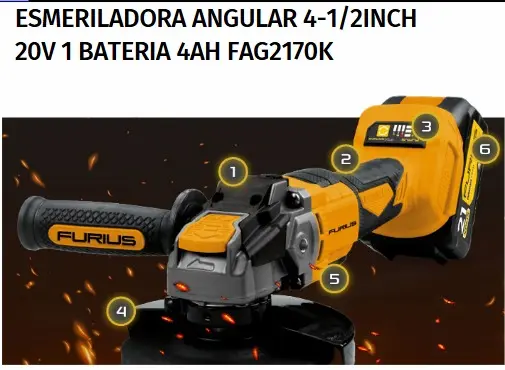 Esmeriladora Inalamb.Brushless 4-1/2 20V. 1 Bateria 4Ah FURIUS 
